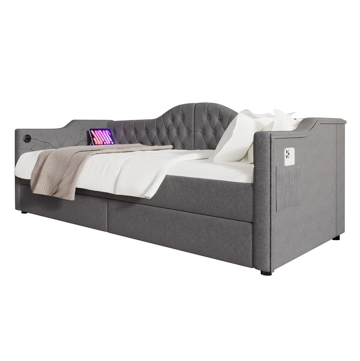 POLSTERBETT 90/190 cm Grau mit USB- und Type-C-Anschlüssen und 2 Schubladen - Grau, Textil (90/190cm) - OKWISH