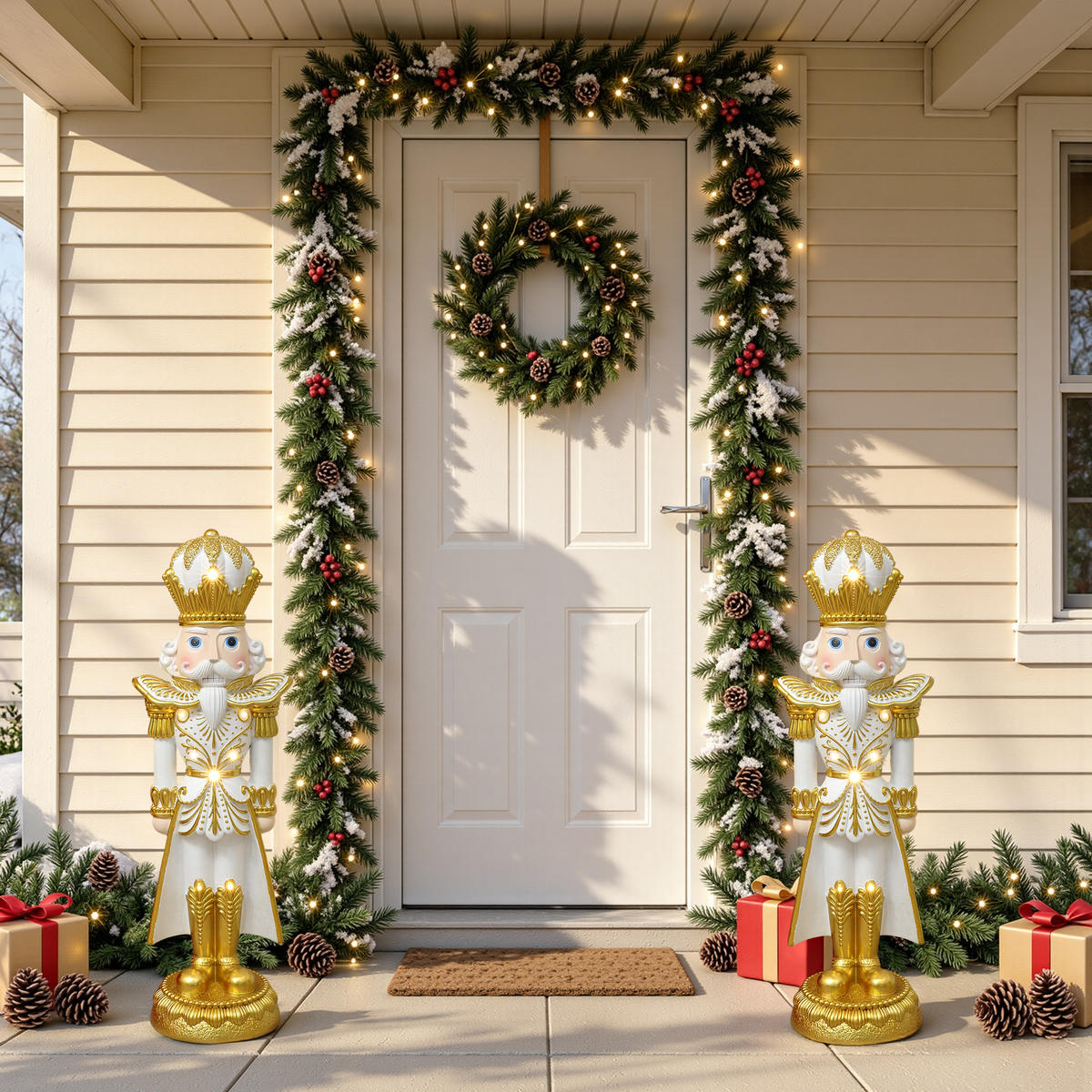 HOMETOPIA Nussknacker Figur 91 cm, Weihnachtsdeko mit 8 LEDs, Timer, MgO - Goldfarben, Naturmaterialien (25/91/29cm) - Hometopia