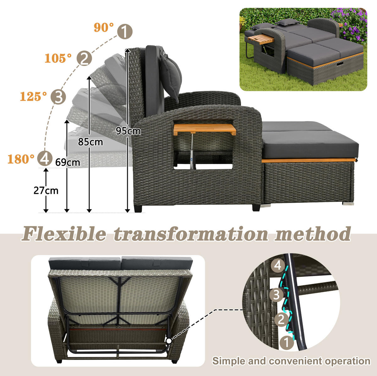 LOUNGESOFA aus Rattan & Stahl 120x74x95 cm in Grau mit Rückenlehne - Grau, Metall (74/95/120cm) - Modfu
