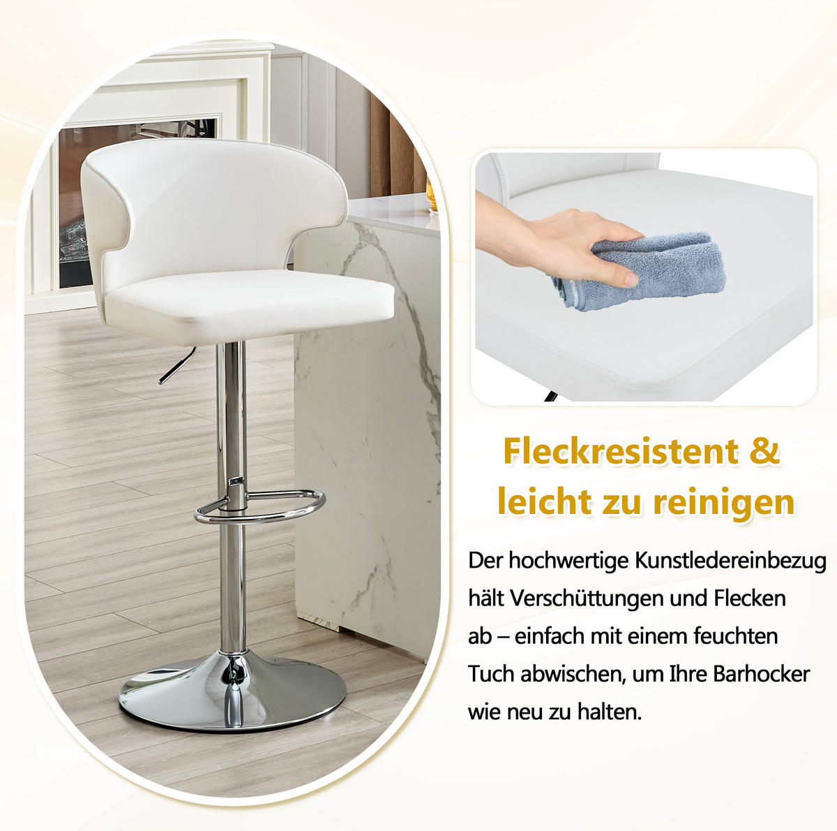 BARHOCKER mit Lehne, höhenverstellbar und 360° drehbar, Weiß, PU - Weiß, Kunststoff (45/110/49.7cm) - MIVRAY