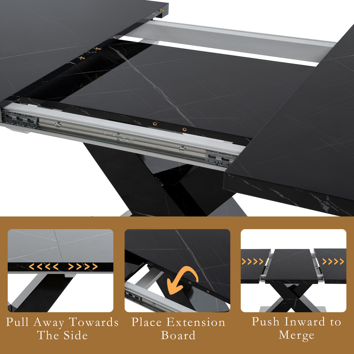 ESSTISCH 160/80/76,5 cm Schwarz mit ausziehbarem Tischplatte aus MDF und X-Beinen aus Metall - Schwarz, Holzwerkstoff (160/80/76.5cm) - OKWISH