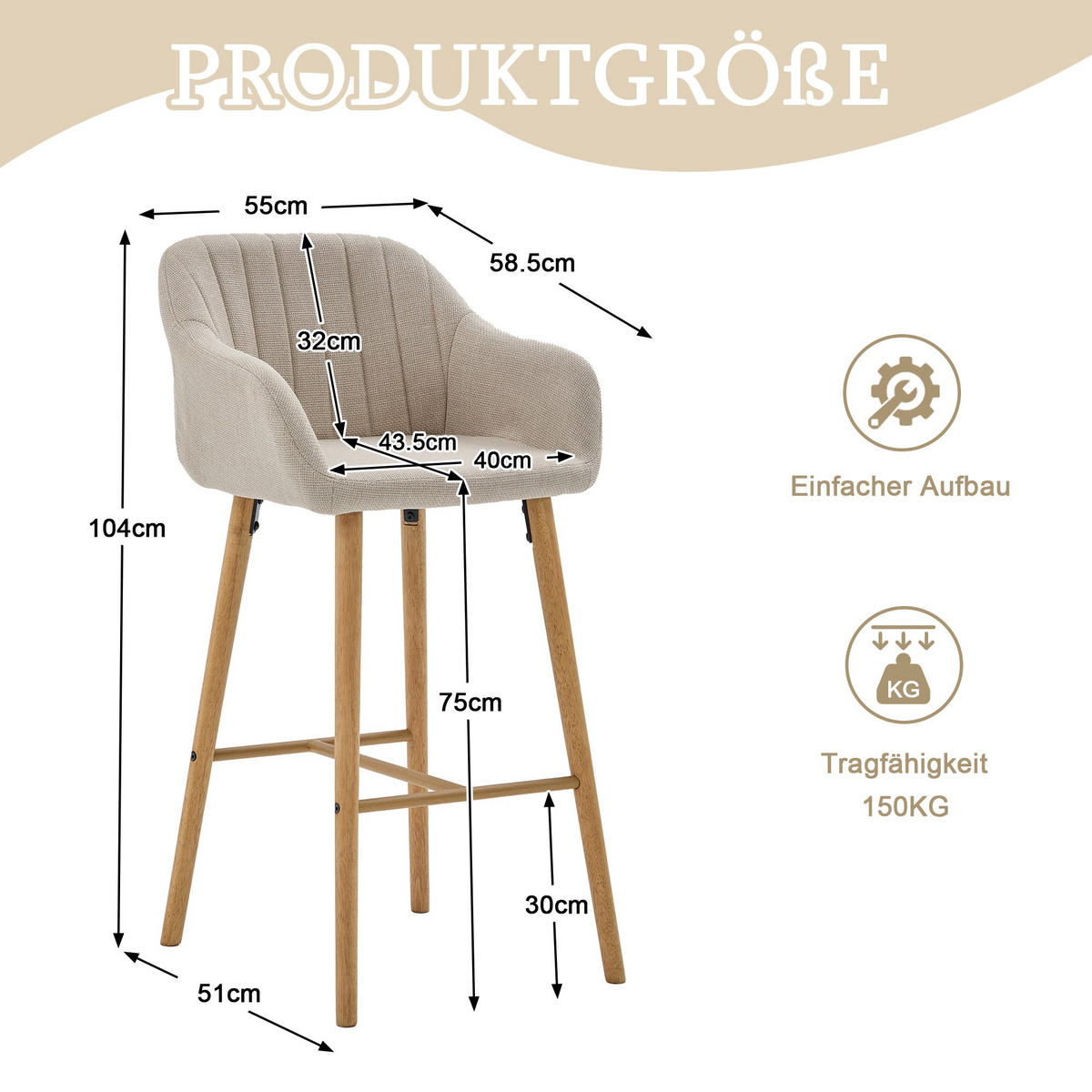 BARHOCKER,2ER-SET,BARSTÜHLE,KÜCHENSTÜHLE,LEINEN,BEIGE - Beige, Textil (55/104/51cm) - LVHOM