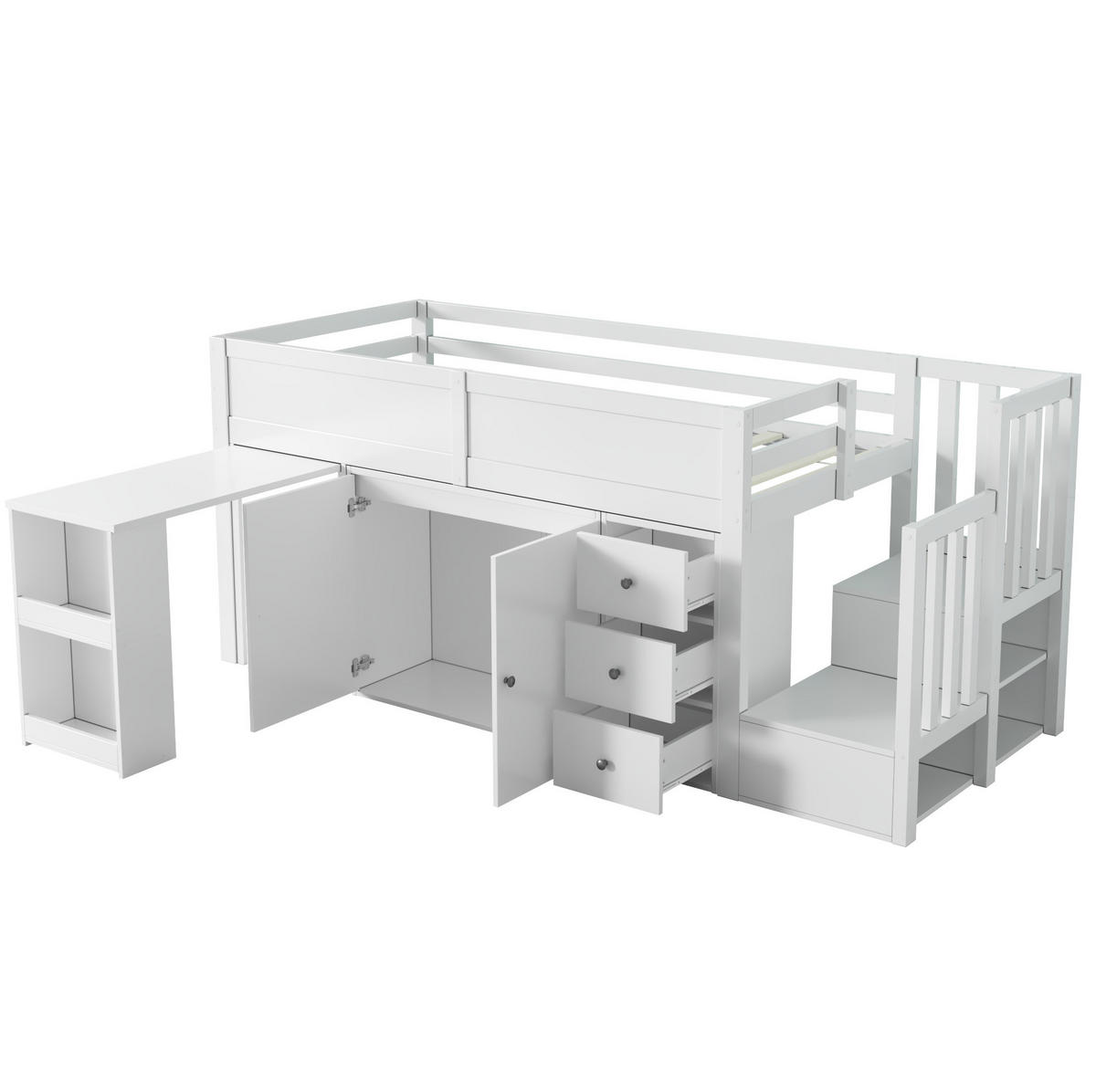 HOCHBETT 90/200 cm mit ausziehbarem Schreibtisch, Schrank, Schubladen und Treppenschrank aus MDF, Weiß - Weiß, Holzwerkstoff (90/200cm) - Redom