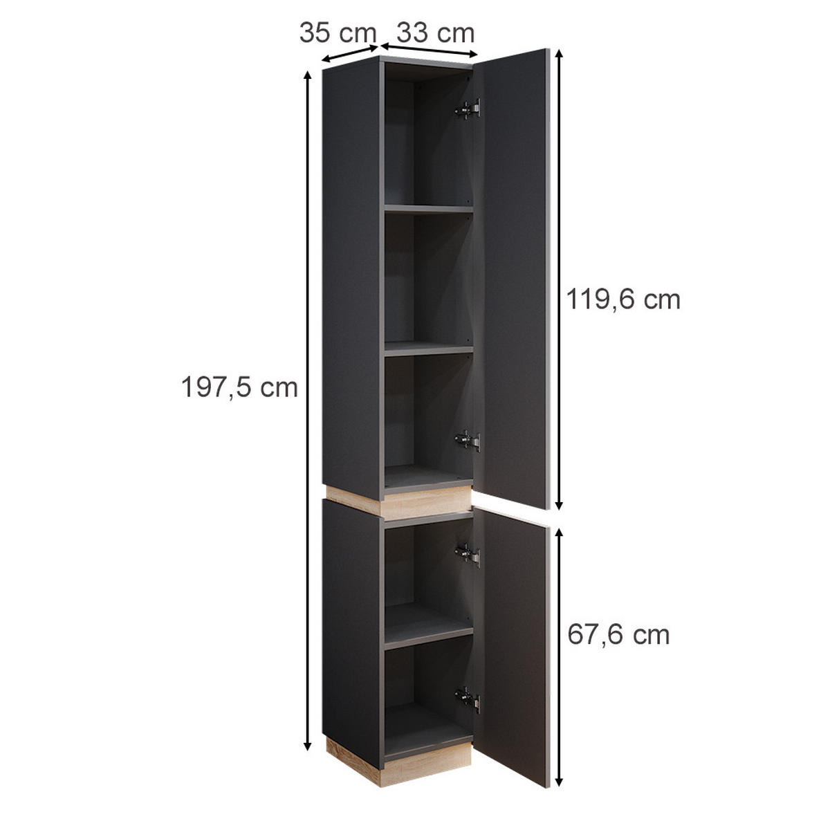 BADSCHRANK Gloria Anthrazit 33 x 197.5 cm mit 2 Türen - Anthrazit/Sonoma Eiche, Holzwerkstoff (33/197.5/35cm) - Vicco