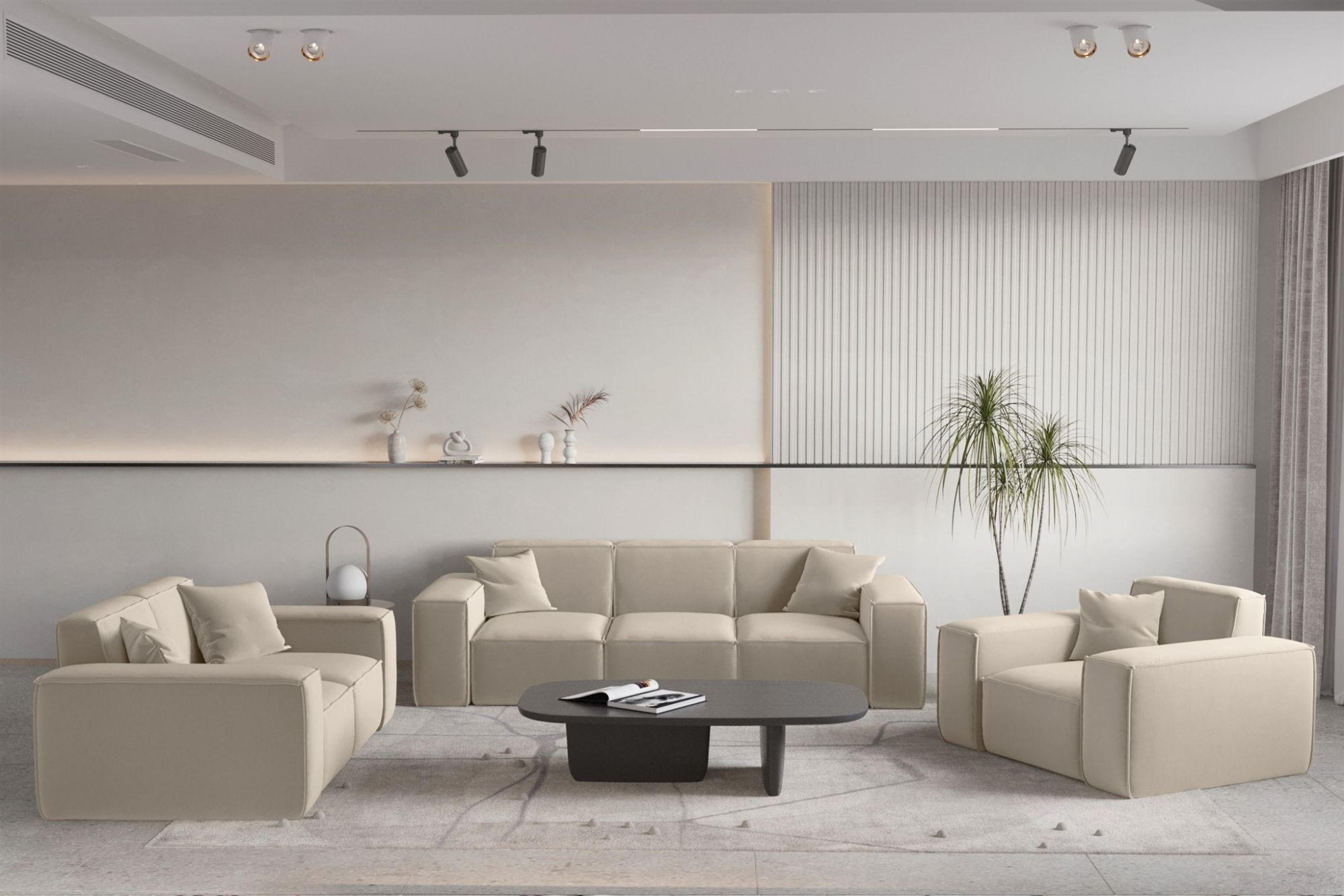 SOFASET Celes Premium 3-2-1 In Opera - Beige, Holzwerkstoff/Textil (225/73/88cm) - Fun Möbel