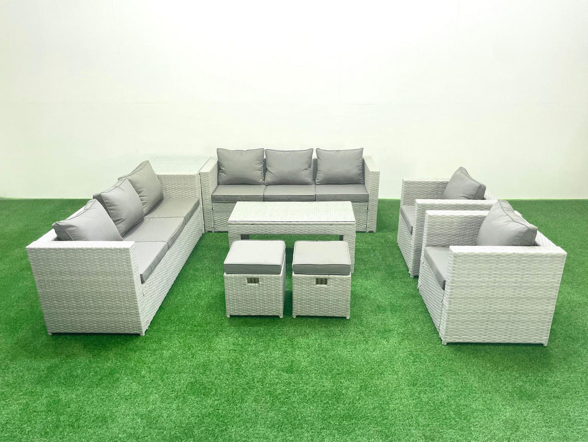 GARTENSOFA hohe Rückenlehne Polyrattan Hellgrau-Mix 10-Sitzer - Hellgrau/Grau, Glas/Kunststoff - Fimous