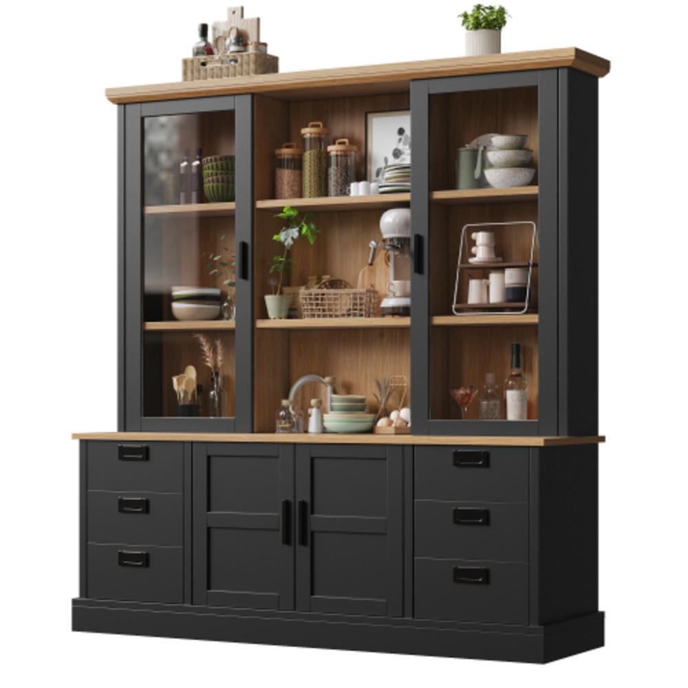 KÜCHENHOCHSCHRANK Schwarz aus MDF und Metall mit Glastüren & sechs Schubladen 140×40×185 cm - Schwarz, Holzwerkstoff (140/185/40cm) - Luhomfu