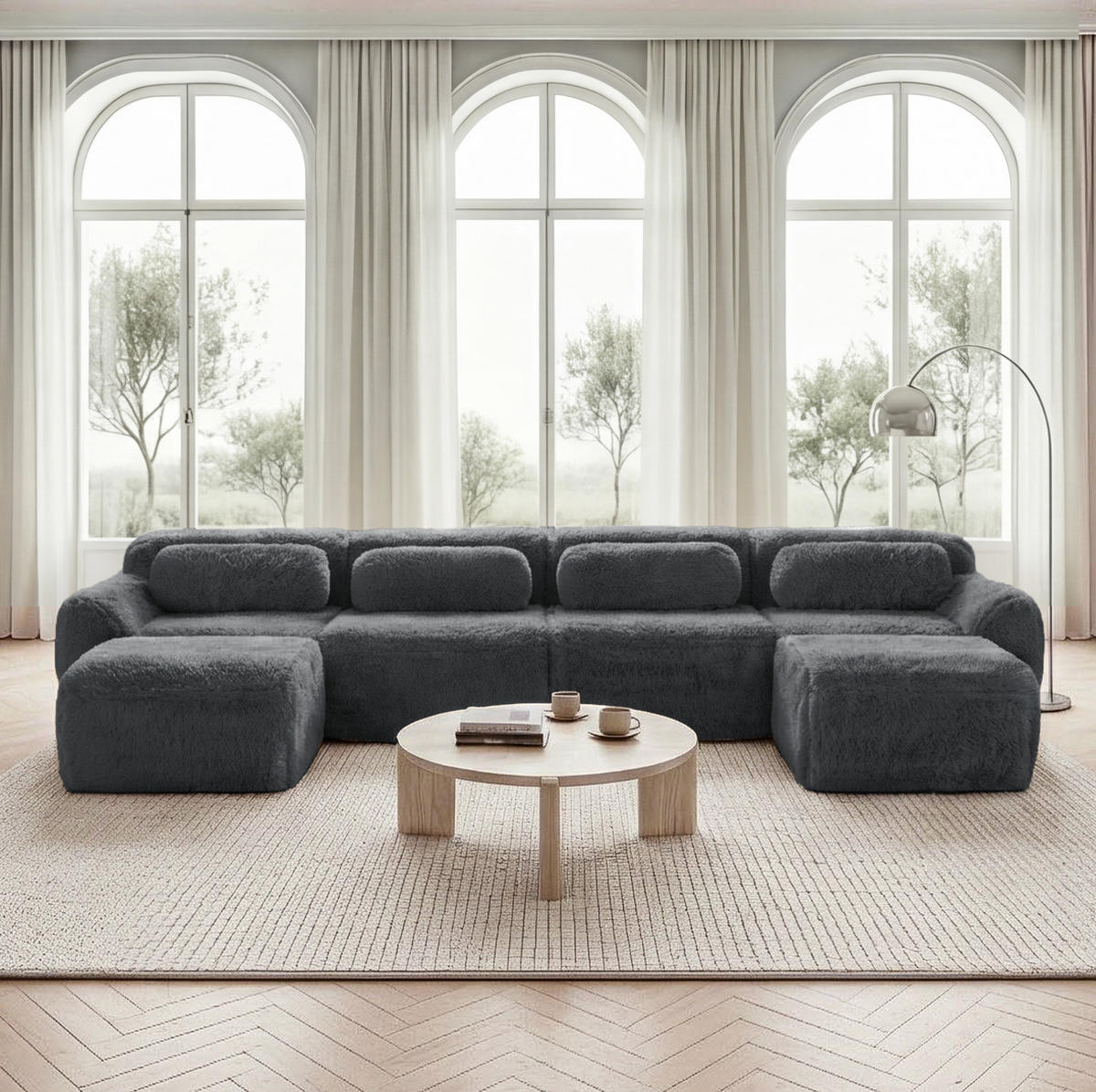ECKSOFA 378/179/73 cm grau aus Plüsch ohne Montage frei kombinierbar - Grau, Textil (179/378cm) - OKWISH
