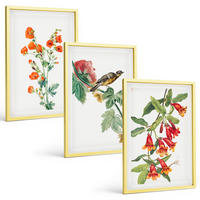 BILDER SET 3er Set - 40x60 cm Goldrahmen - Gemalte Blumen und ein Vogel - Goldfarben, Kunststoff (40/60cm) - TULUP