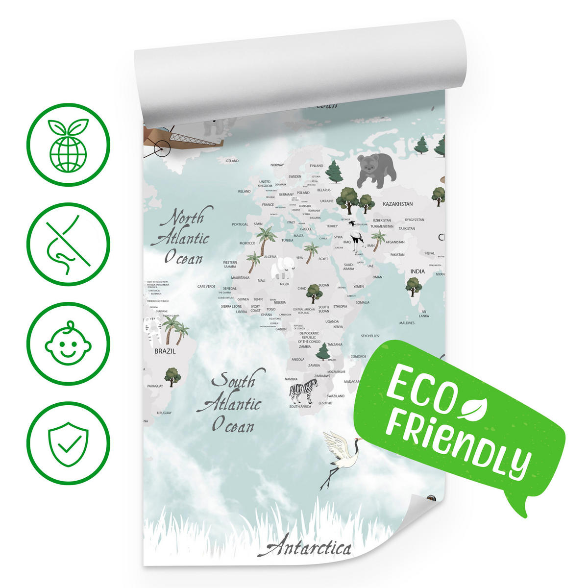 FOTOTAPETE für Kinderzimmer Weltkarte Tiere Flugzeuge Pflanzen 400x280 - Blau/Beige, Papier (400/280cm) - Muralo