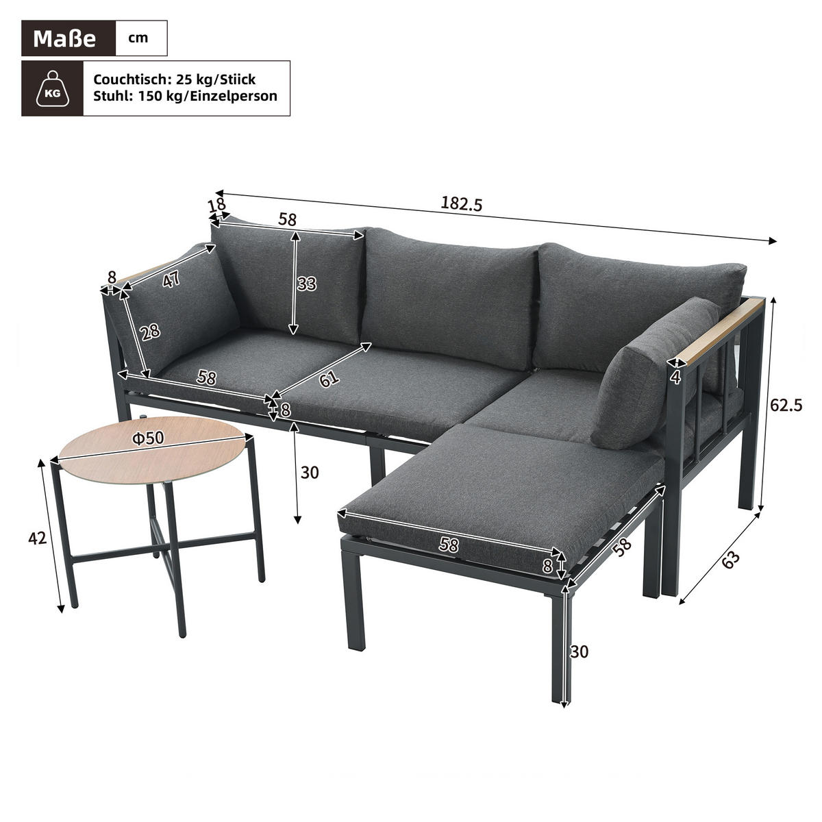 GARTENSET Eck Mit Sofa Couchtisch Hocker Grau & Glastisch - Grau, Textil - FLIEKS