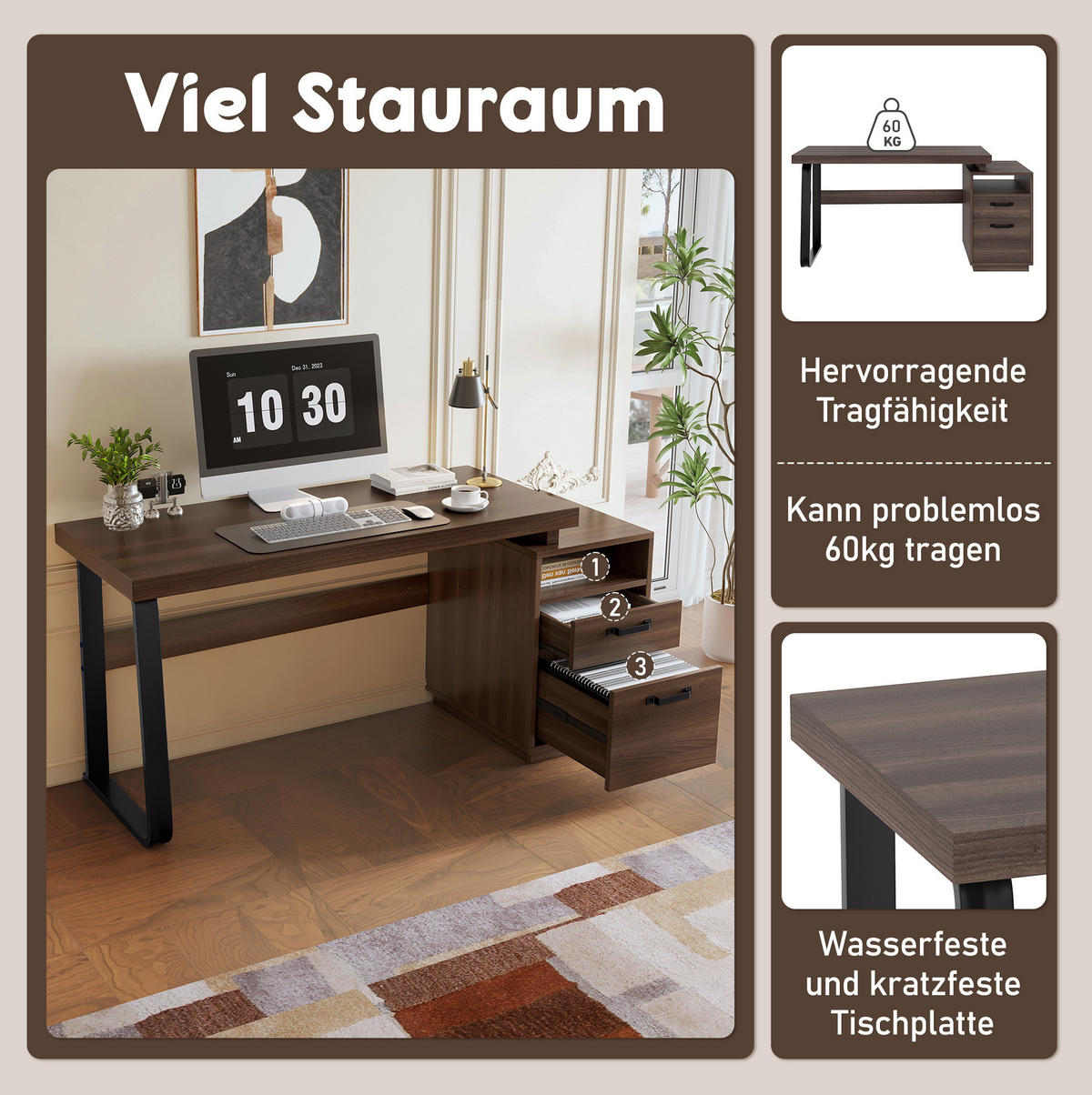 SCHREIBTISCH mit Stauraum 135 x 54 cm MDF Metall Braun - Braun, Metall (161/54/76.4cm) - Meubliv