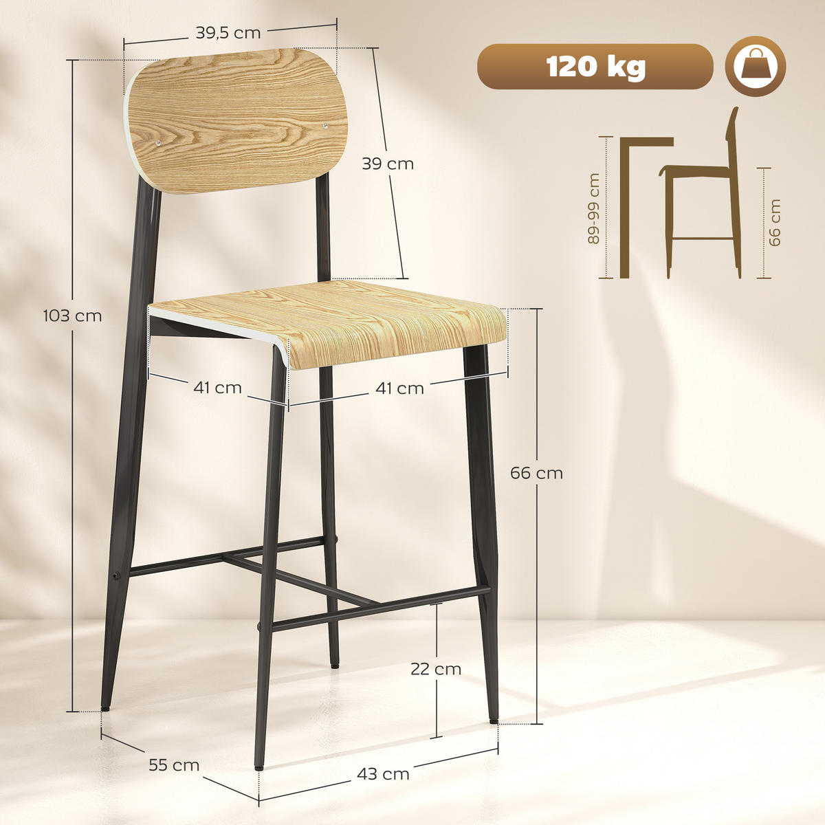 BARHOCKER 2er Set, Barstuhl mit Metallgestell, Küchenstuhl mit Sitzhöhe 66 cm - Naturfarben, Metall (43/103/55cm) - HOMCOM