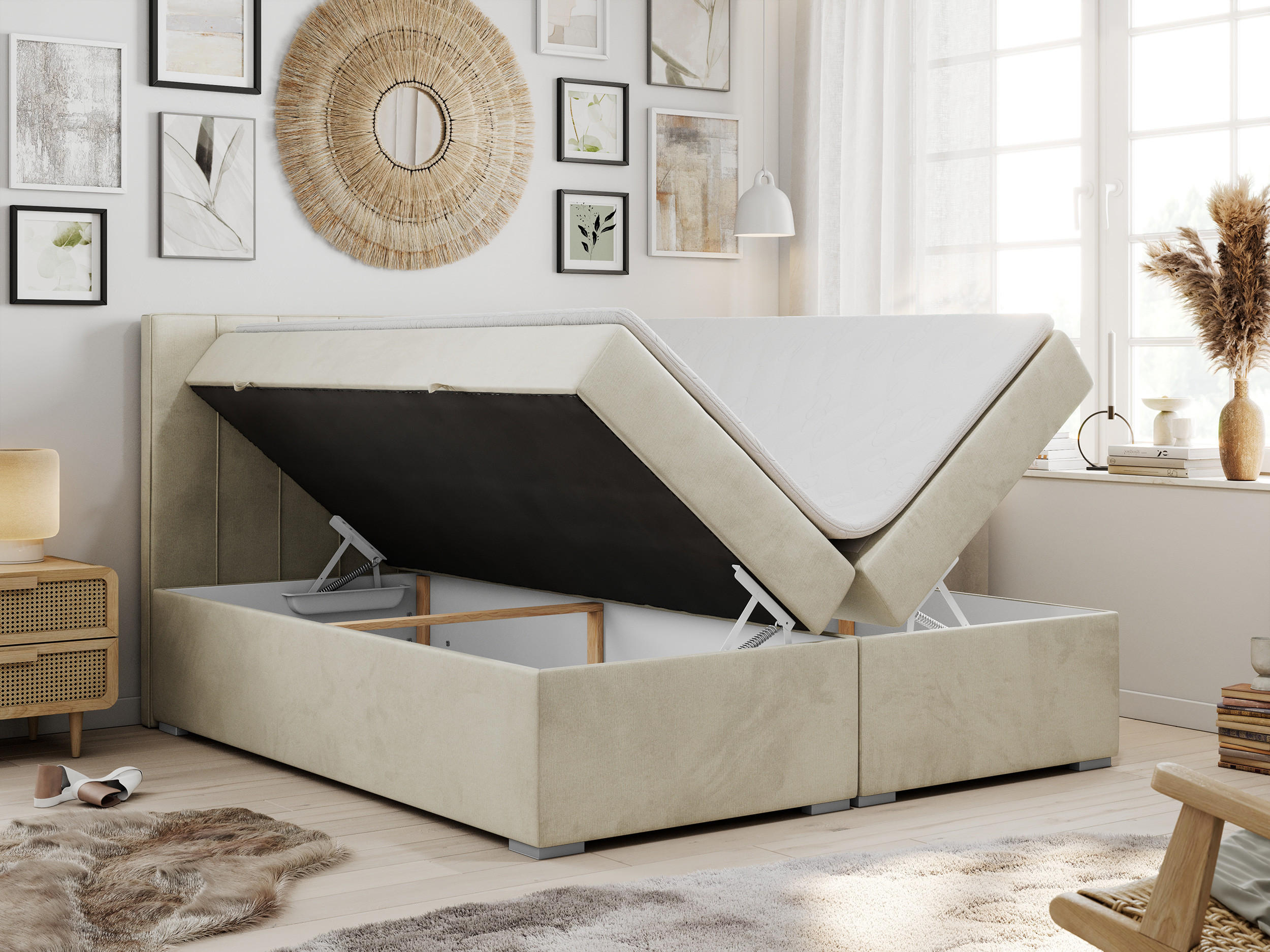 Thumbnail - MKS Boxbett, Beige, Textil, 2-Sitzer, H4, Rechteckig, 140x200 cm, Schlafzimmer, Betten, Boxspringbetten