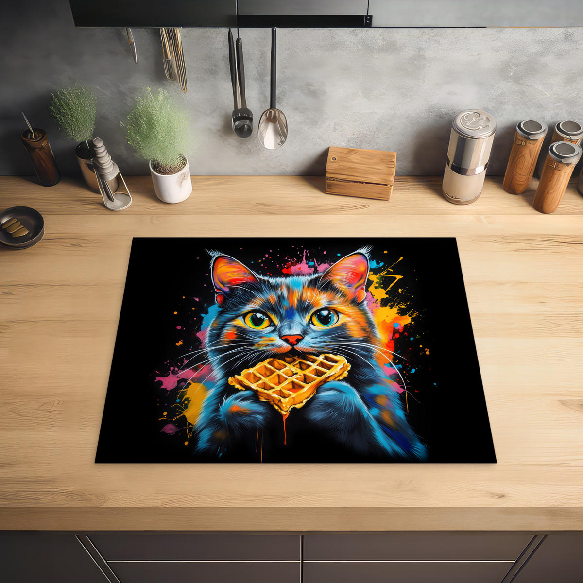 HERDABDECKPLATTE Katze - Graffiti - Bunt - Waffel - Essen Herdabdeckung Induktionsfeld 65x52 cm - Multicolor, Kunststoff (65/52/0.2cm) - MuchoWow