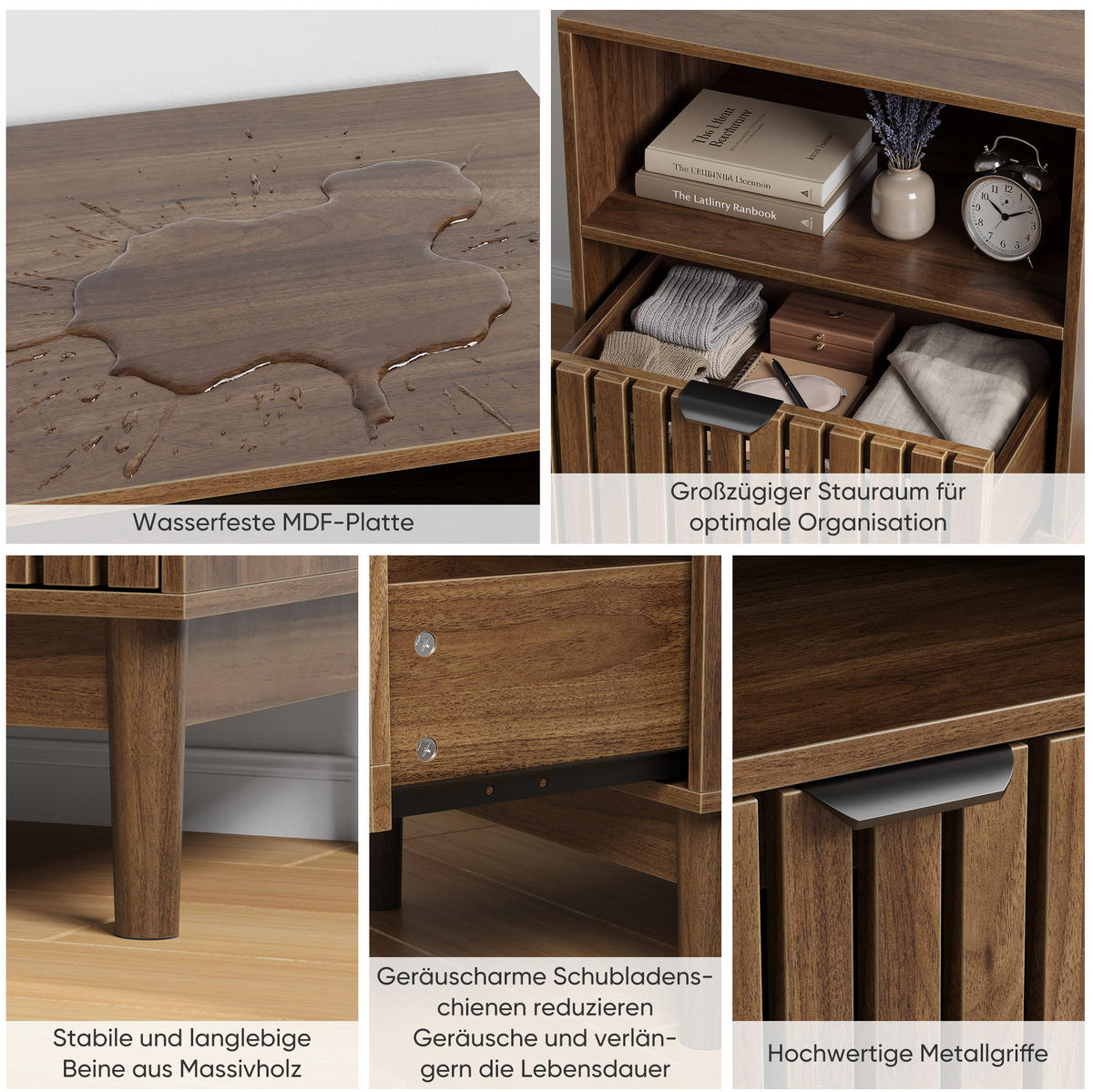 NACHTTISCH aus MDF 45x39x56,5 cm Walnussfarben mit Schublade, offener Ablage und Metallgriff - Walnussfarben, Holzwerkstoff (45/56/39cm) - Modfu