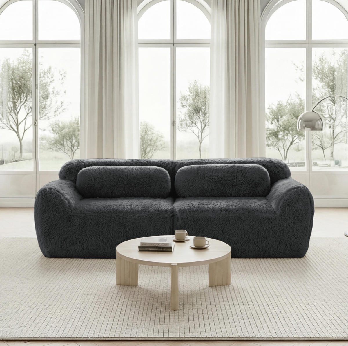 2-SITZER Sofa aus Plüschstoff, rahmenlos und modular mit Kissen, Grau - Grau, Textil (204/73/104cm) - Redom