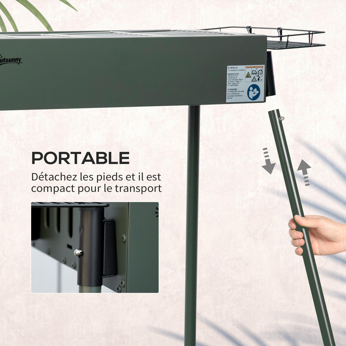 HOLZKOHLEGRILL DE-18259 tragbar mit 2 Grillrosten & 2 Seitenablagen - Dunkelgrün, Metall (39/70/94cm) - ComfortXL