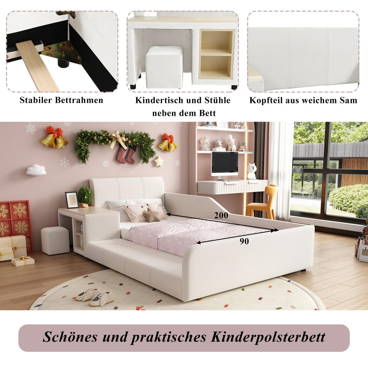 KINDERBETT 90/200 cm in Weiß mit Schreibtisch, Hocker und Ablageboden Samt - Weiß, Holzwerkstoff/Textil (90/200cm) - CHICFURN