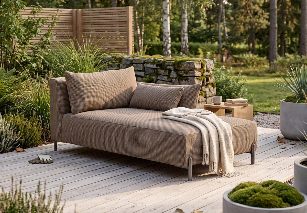 CHAISELONGUE für Terrasse und Garten, Stoff Sunlight, Toffee, Rechts, SUNMEE - Braun, Holz (80/90/165cm) - Kaiser Möbel