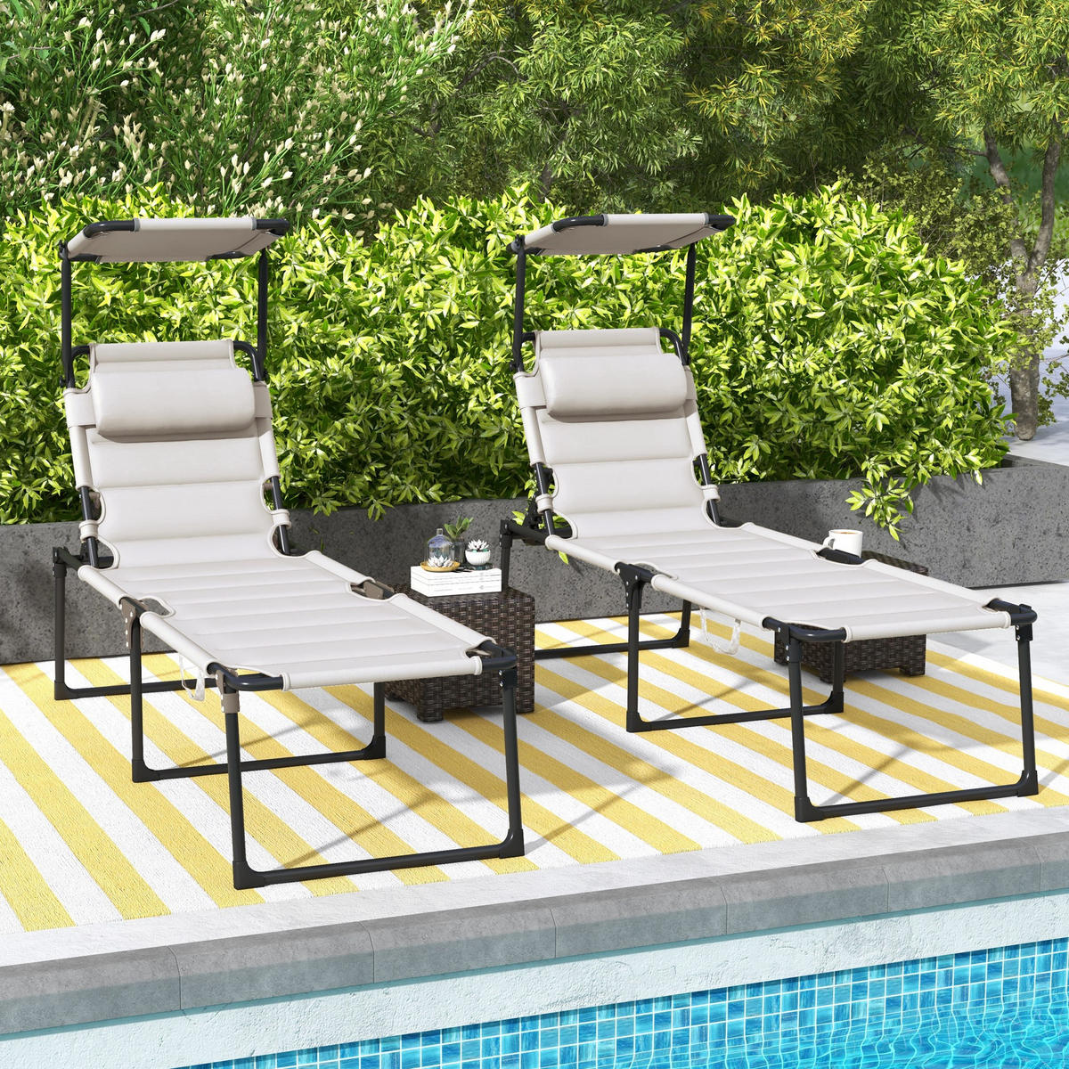 SONNENLIEGE DE-15682 200 cm, klappbar, 4-fach verstellbar, mit Sonnendach Creme - Creme, Metall (200/45/70cm) - ComfortXL