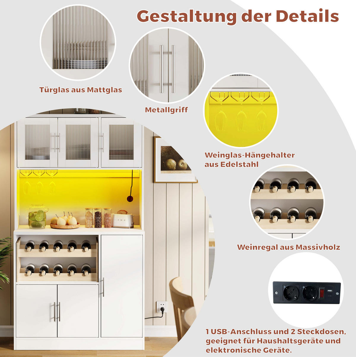 BUFFET 100/40/180 cm aus MDF mit RGB-LED und Steckdosenleiste Weiß - Weiß, Holzwerkstoff (100/180/40cm) - Modenvie