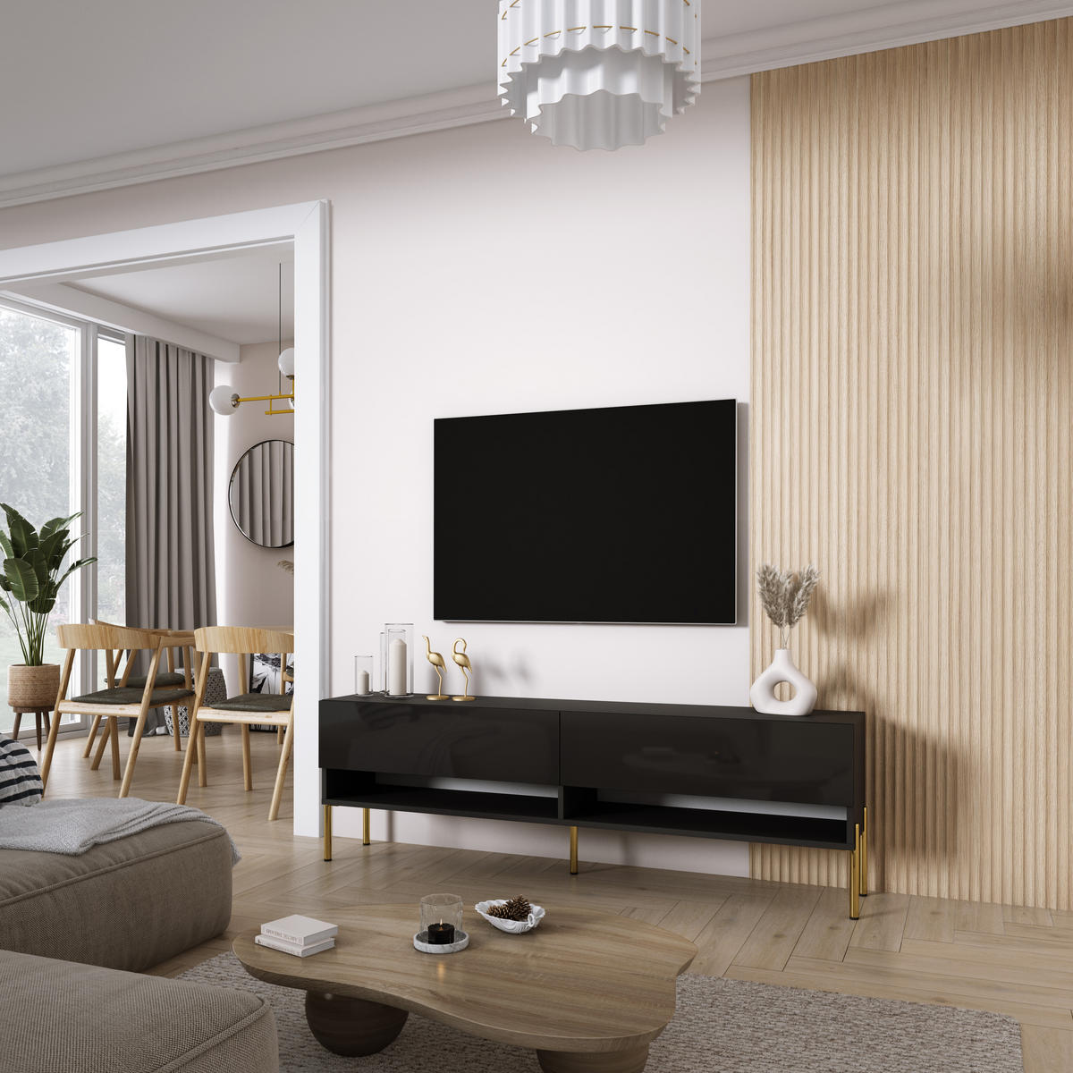 TV-LOWBOARD 170 cm Mattschwarz / Hochglanzschwarz, gerade goldene Beine, 170 × 32 × 52 cm - Schwarz, Holzwerkstoff (170/52/32cm) - 3XE LIVING