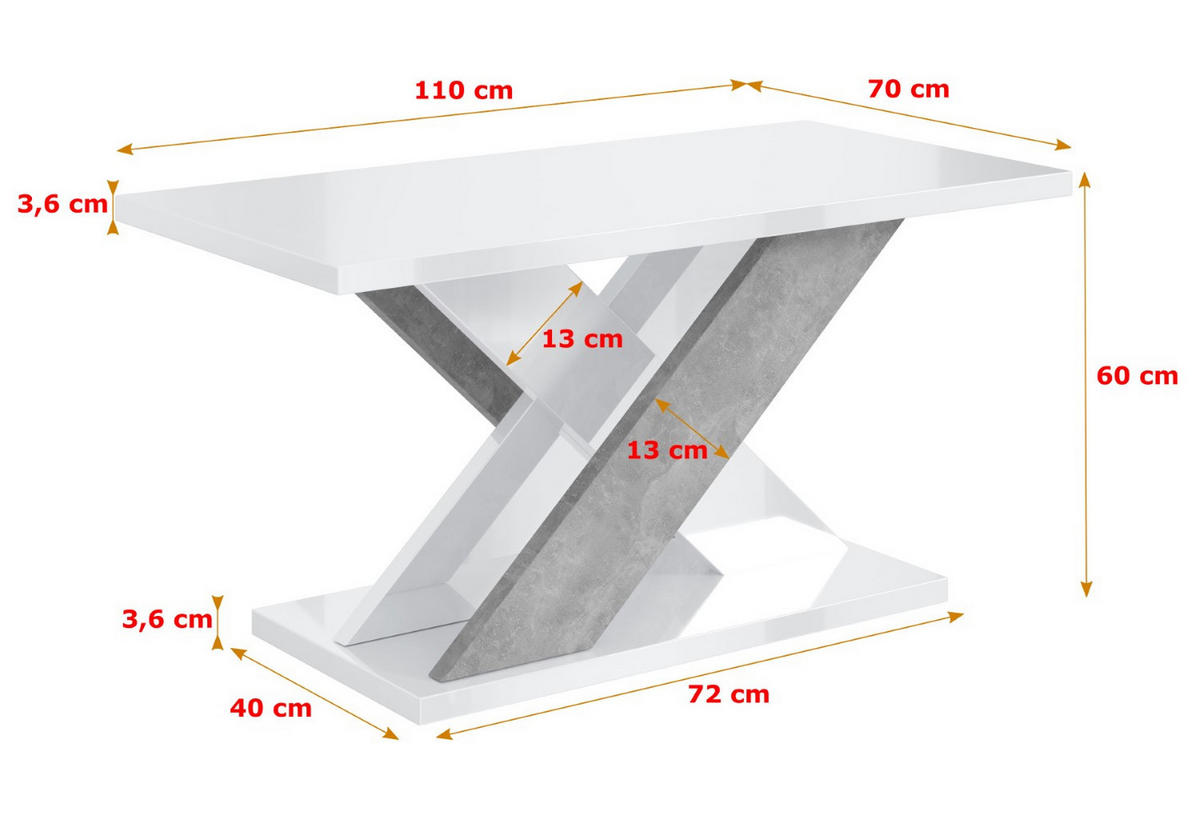 KAFFEETISCH 110x70x60 cm - Hochglanz Weiß / Betonoptik - AOX - Weiß Hochglanz, Holzwerkstoff (110/70/60cm) - ALTDECOR