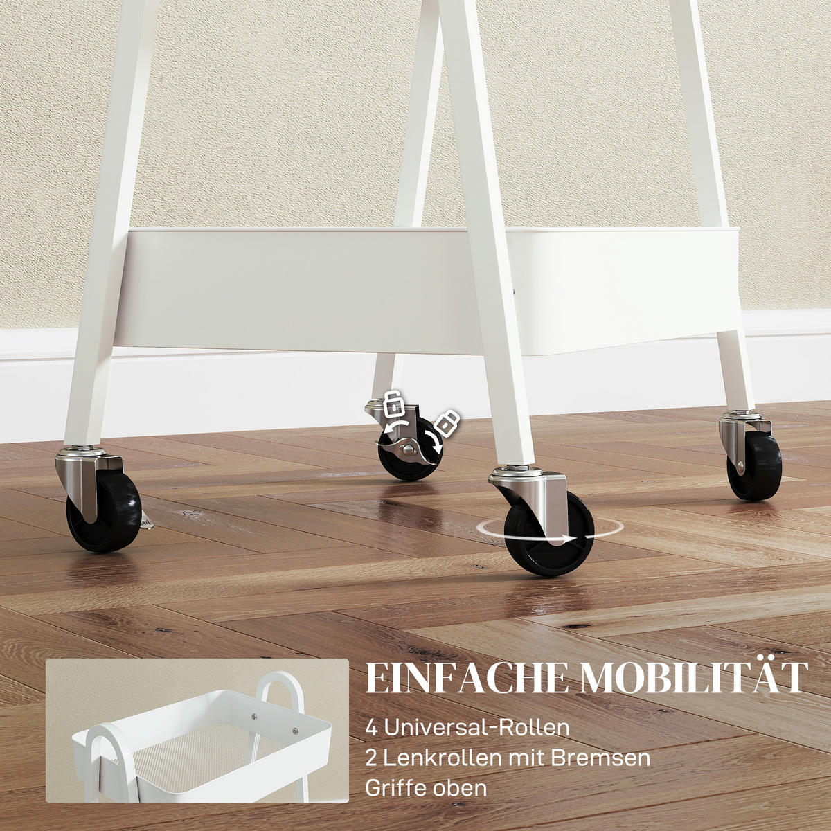 SERVIERWAGEN mit 3 Ebenen Küchenwagen mit Rollen Griff, Weiß - Weiß, Metall (42.4/74.5/29.8cm) - HOMCOM