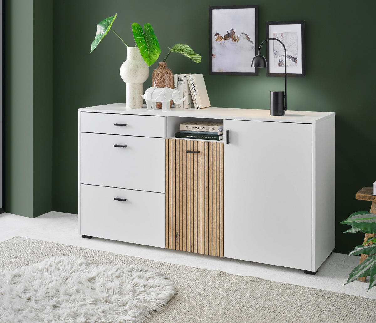 SIDEBOARD weiß matt, Eiche 150 cm, Kommode mit Soft-Close-Funktion - Eichefarben/Schwarz, Holzwerkstoff/Kunststoff (150/80/42cm) - Furn.Design