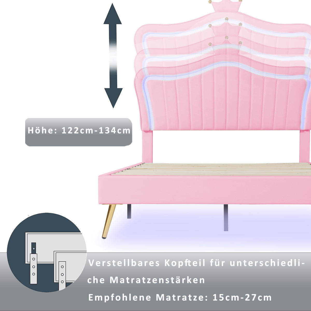 KINDERBETT 90x200 cm Rosa PU Leder LED Lattenrost Rückenlehne - Pink, Holzwerkstoff - FLIEKS