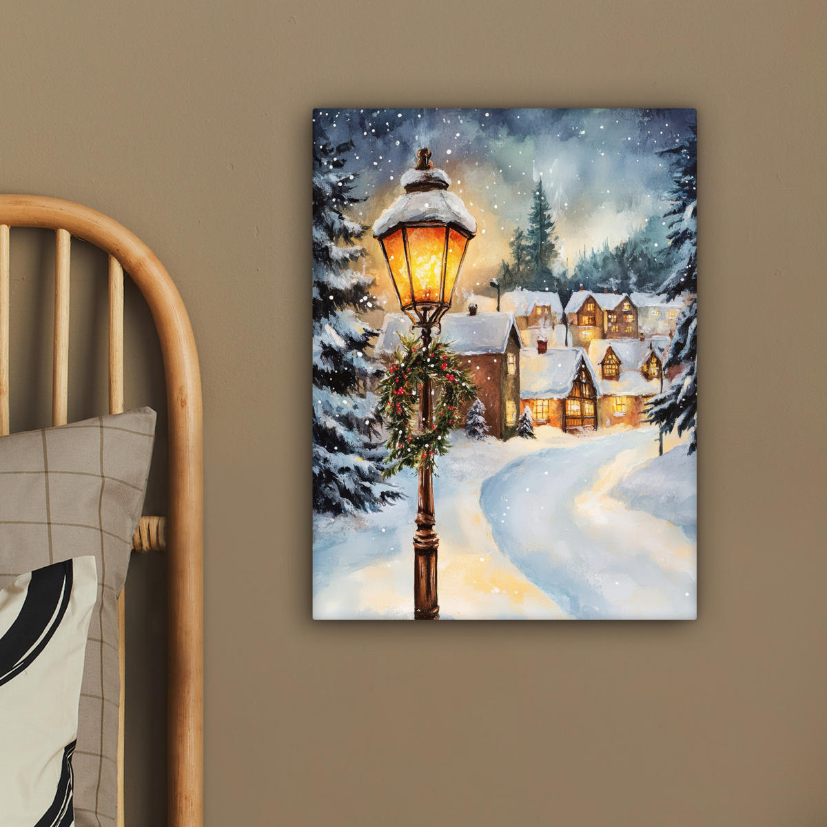 LEINWANDBILD Weihnachtsdorf - Häuser - Schnee - Weihnachten 30x40 cm - Sandfarben, Textil (30/40cm) - MuchoWow