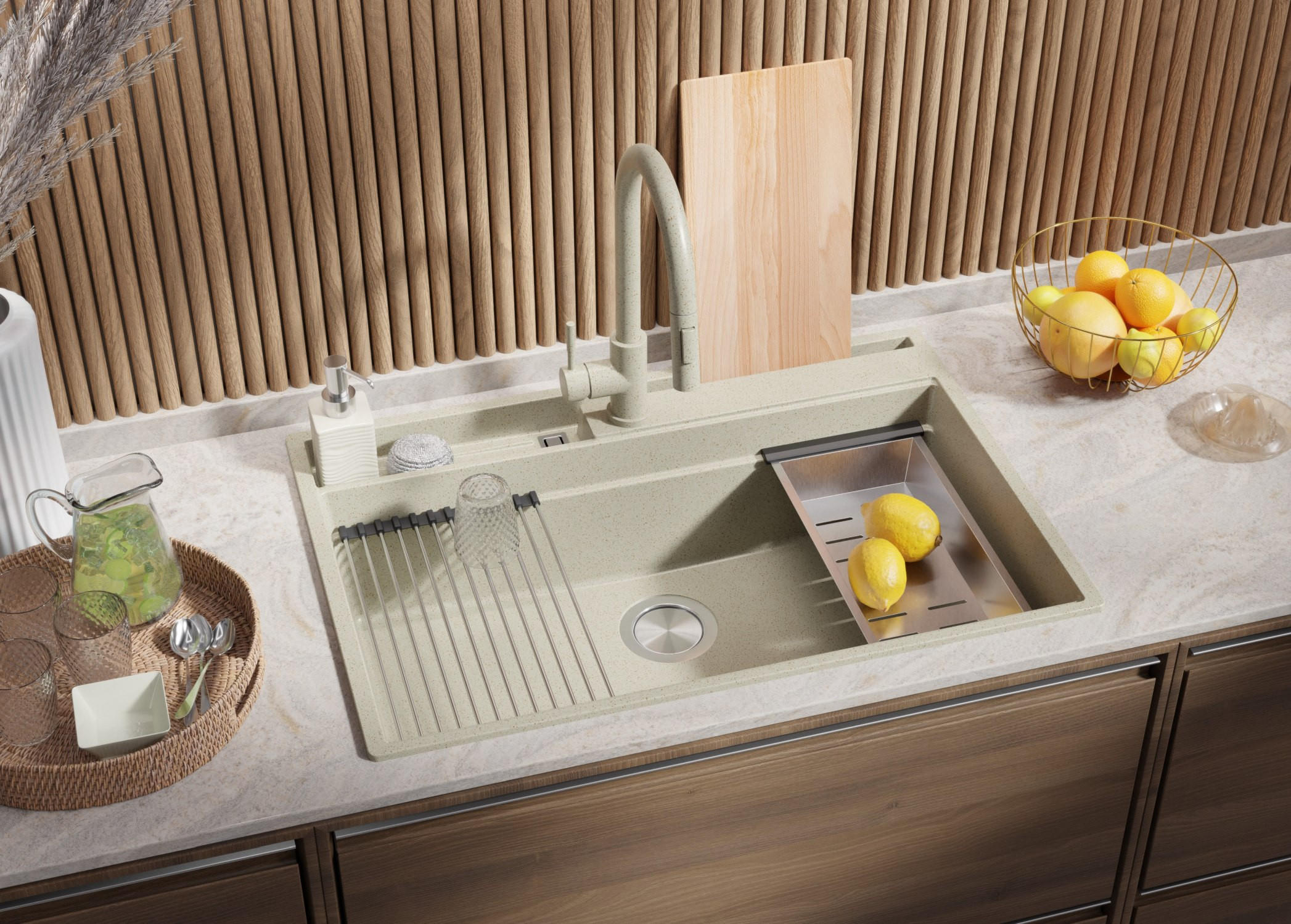 SPÜLBECKEN Oslo Pocket, 2-er set Beige 78/53 cm 1 Becken + Ablauf-Set + Küchenzubehörset ab 80er Unterschrank - Chromfarben/Beige, Kunststoff (78/20/53cm) - Primagran