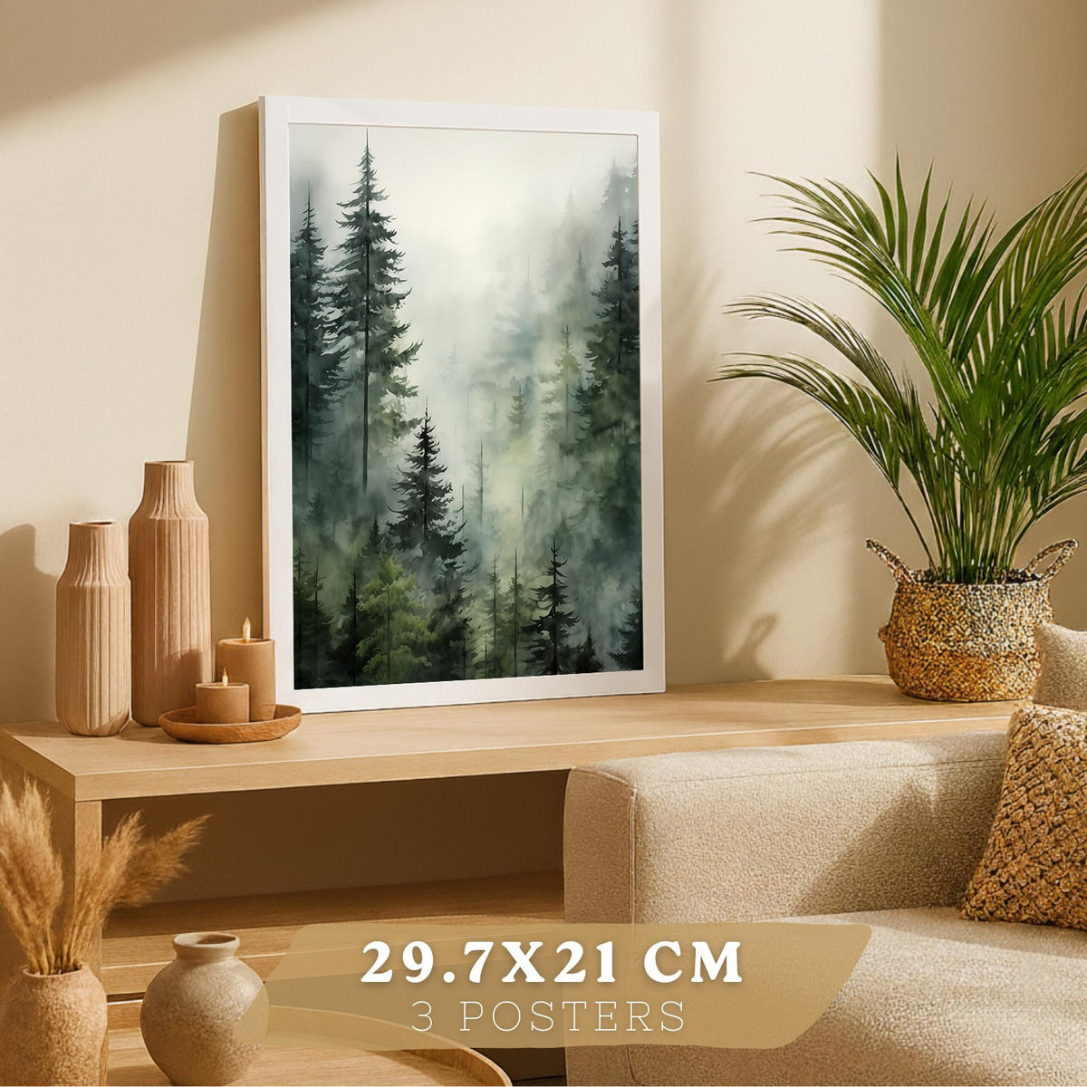 PLAKAT Sada tří dekorativních tisků Nordic Landscape obývací pokoj Obrázky - zelené a hnědé dekorativní plakáty Obývací pokoj A4 bílý rám - bílá, papír (29.7/42/3cm)