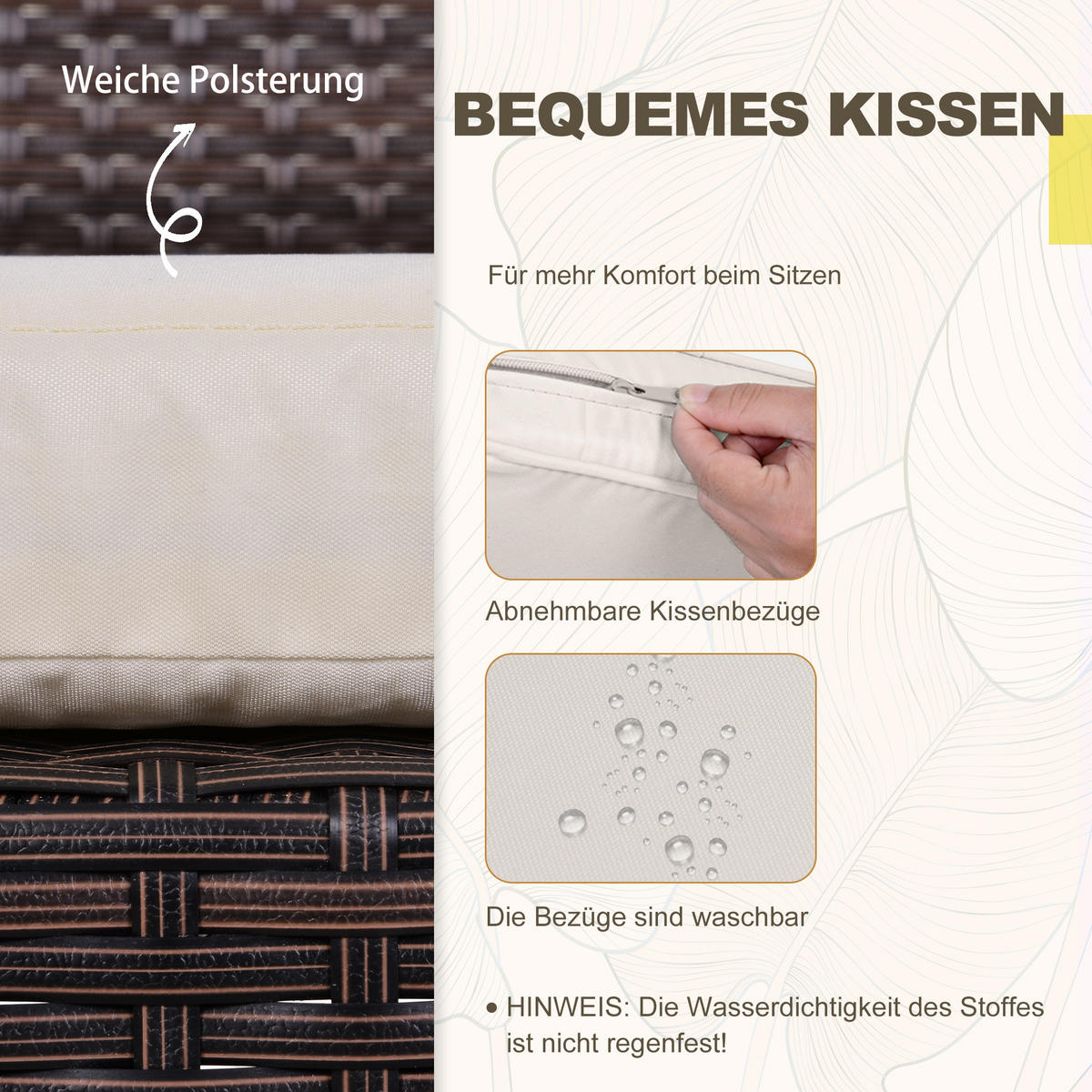 RATTAN Gartenmöbel Set mit Kissen Garten Braun+Creme - Braun, Kunststoff - Outsunny
