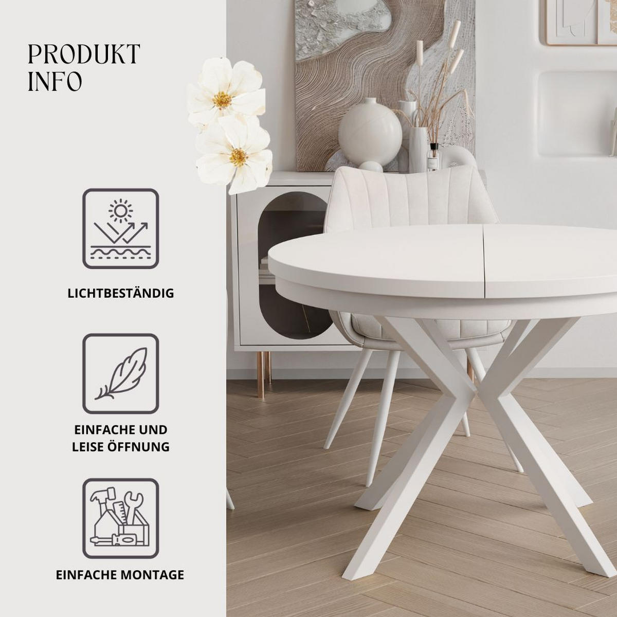 AUSZIEHTISCH MILTON 100-176/76 cm mit Metallgestell, Weiß / Arktisweiß - Weiß, Holzwerkstoff/Metall (100/100/76cm) - Idohome