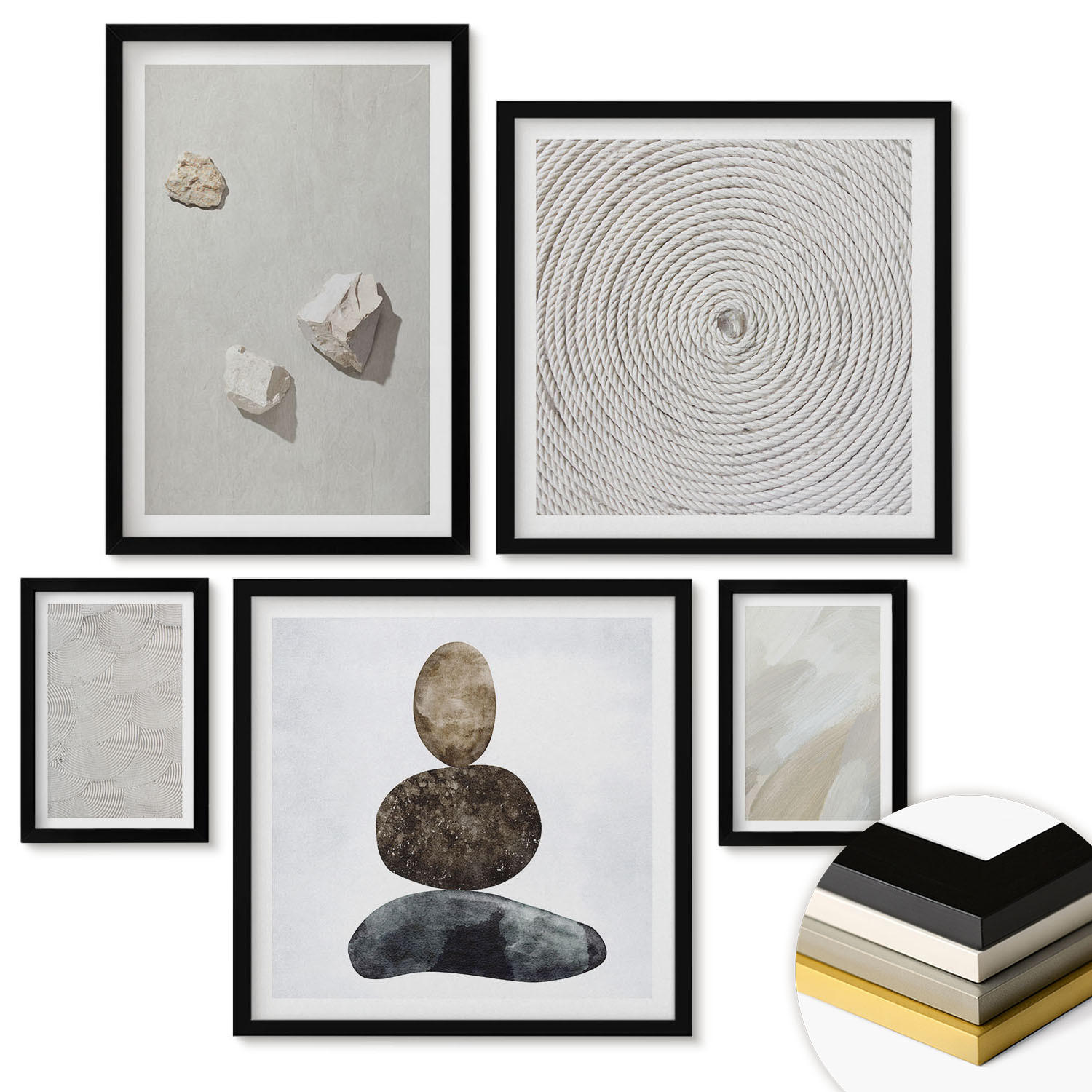 WANDBILDER 5er-Set - 50x50 cm & 20x30 cm & 40x60 cm Schwarzer Rahmen - Sandsteine moderne Farbe - Schwarz, Kunststoff (40/60cm) - ArtPrintCave