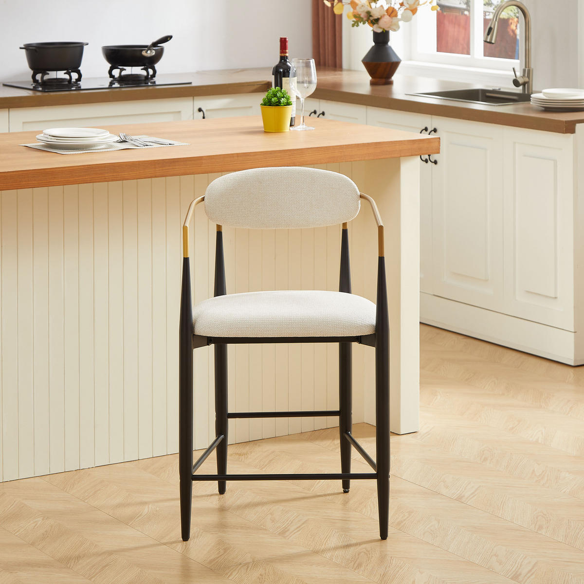 BARHOCKER 2er-Set Beige aus Stoff mit Armlehnen - Beige, Metall (56/23/109cm) - OKMYHOME