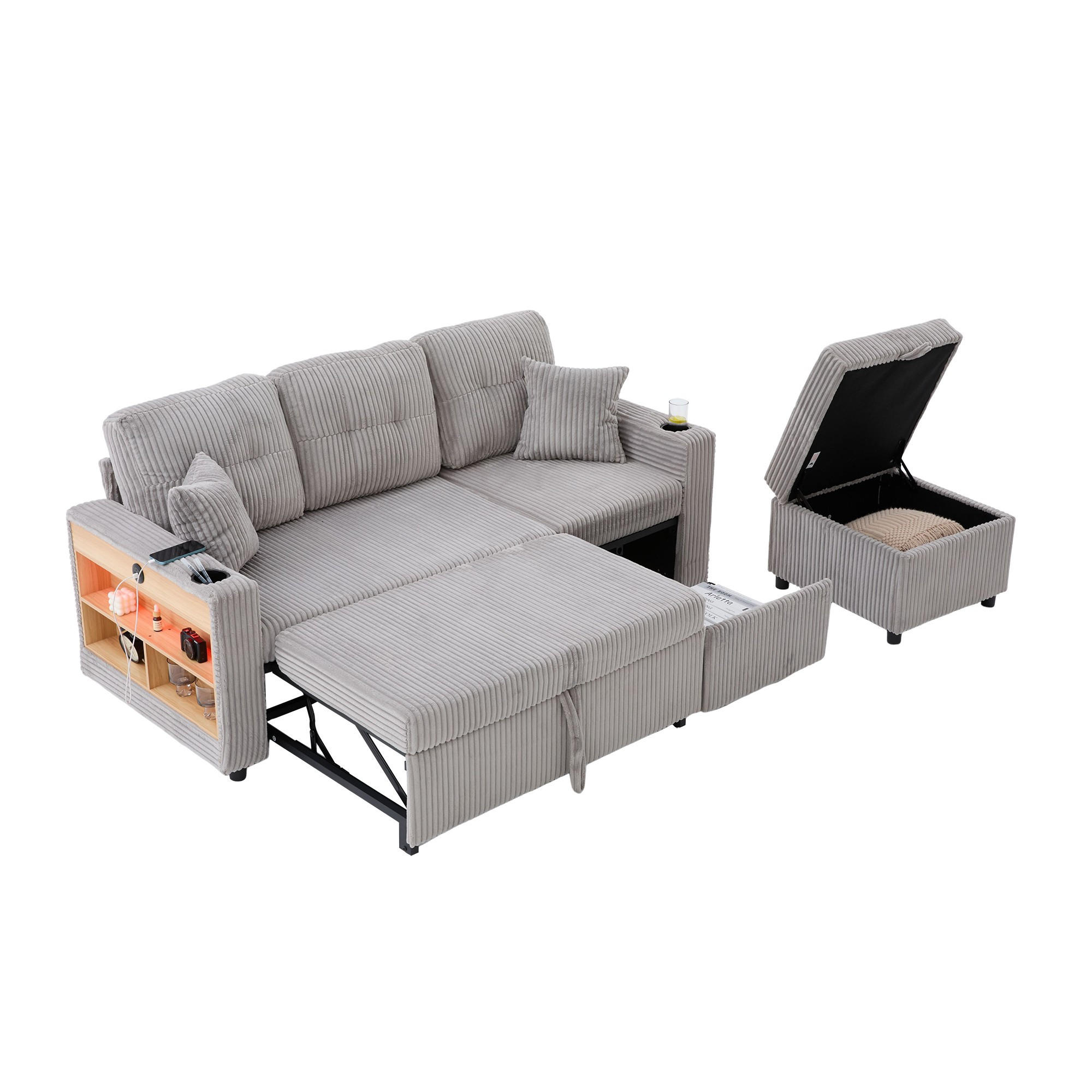 SCHLAFSOFA 3-er Sofa mit Schlaffunktion,Aufbewahrungshocker,Cord,Hellgrau - Hellgrau, Textil (196/85/119cm) - LVHOM