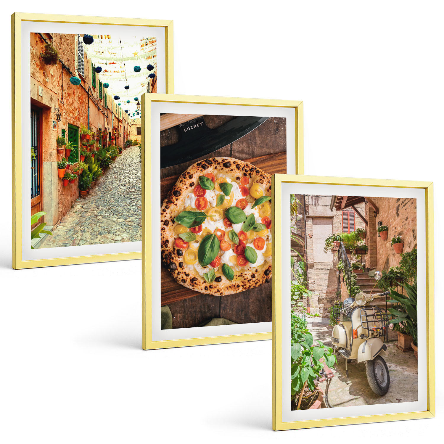 BILDER SET 3er Set - 40x60 cm Goldrahmen - Charmante Straßen mit Pizza - Goldfarben, Kunststoff (40/60cm) - TULUP