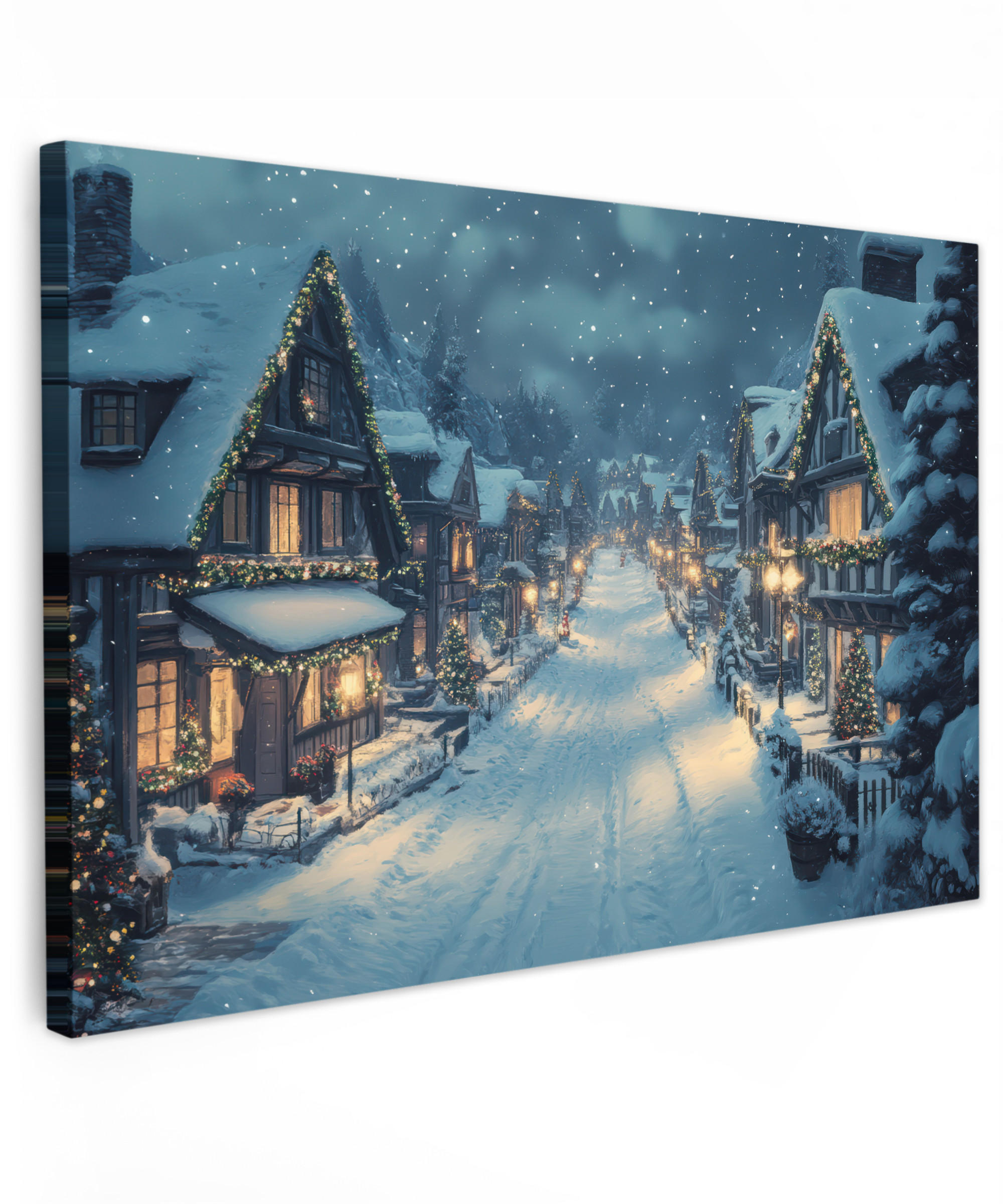 LEINWANDBILD Weihnachtsdorf - Weihnachten - Schnee - Winter Wohnzimmer Groß 120x80 cm - Dunkelblau, Textil (120/80cm) - MuchoWow
