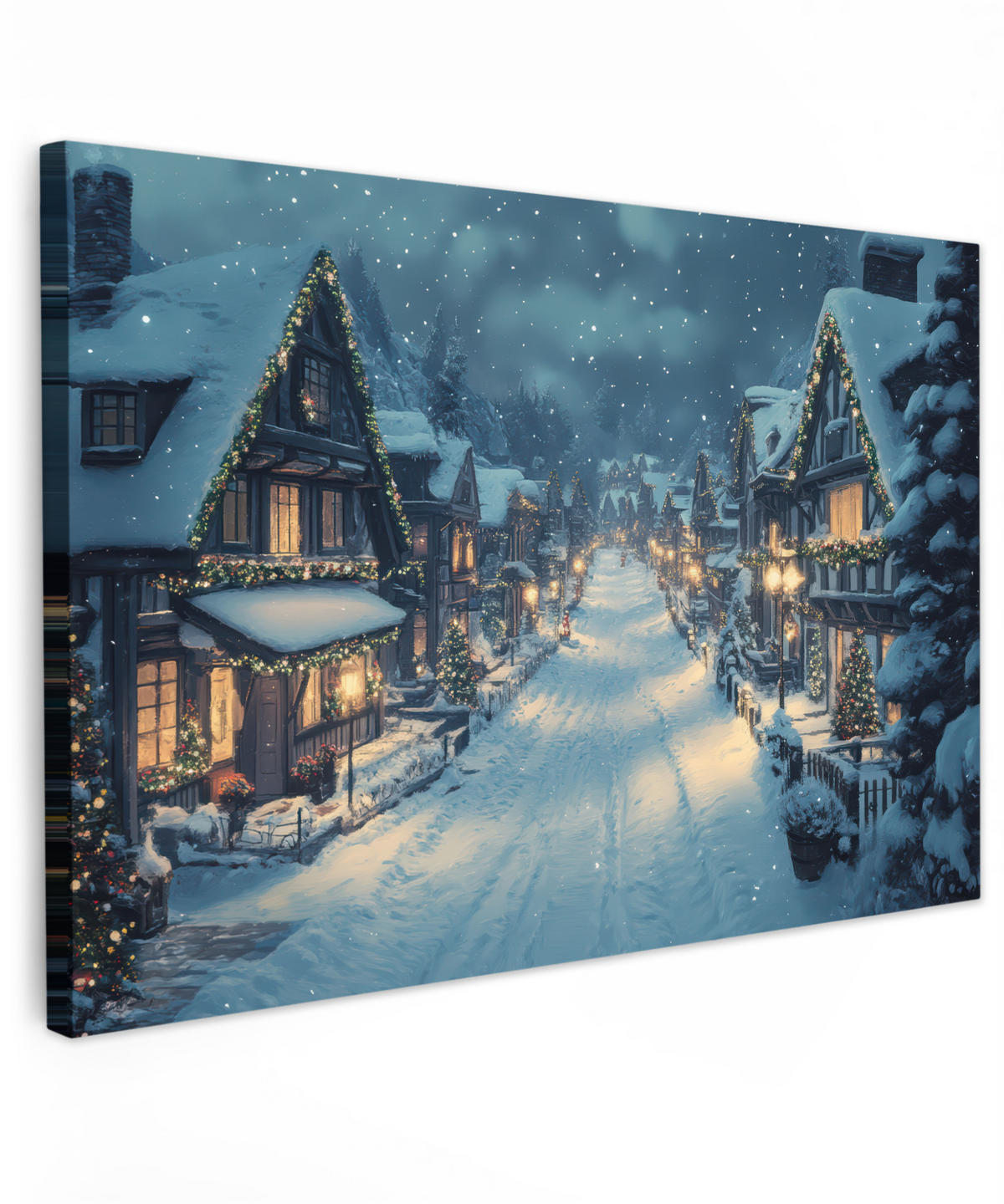 LEINWANDBILD Weihnachtsdorf - Weihnachten - Schnee - Winter Wohnzimmer Groß 120x80 cm - Dunkelblau, Textil (120/80cm) - MuchoWow