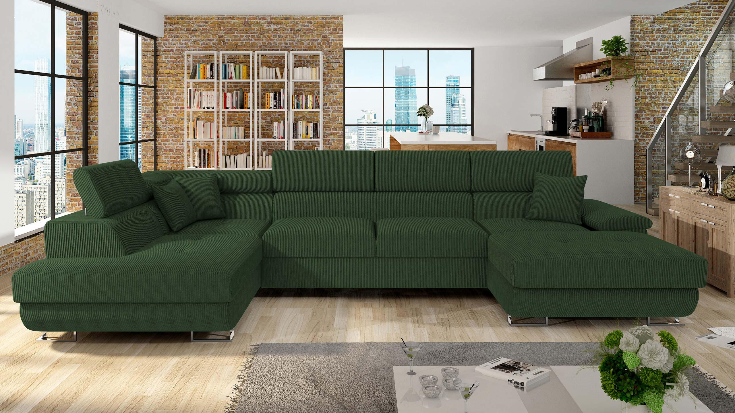 WOHNLANDSCHAFT Cotere Bis Cord, Seite: Links - Grün, Holz (345/91/202cm) - MIRJAN24