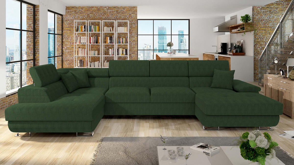 WOHNLANDSCHAFT Cotere Bis Cord, Seite: Links - Grün, Holz (345/91/202cm) - MIRJAN24