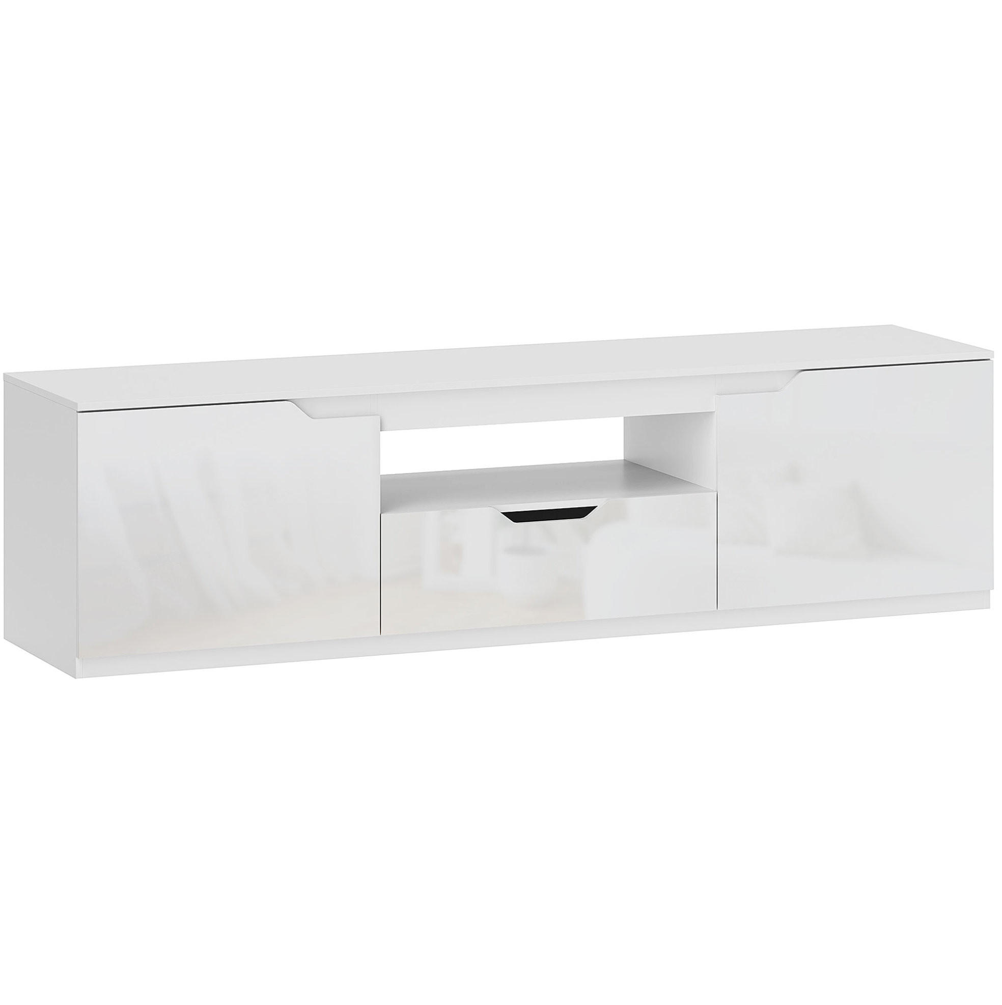 TV-LOWBOARD aus Holz 160x38x43 cm Weiß mit 2 Türen, Schublade, offenem Fach und Kabelmanagement - Weiß, Holzwerkstoff (160/43/38cm) - Modfu