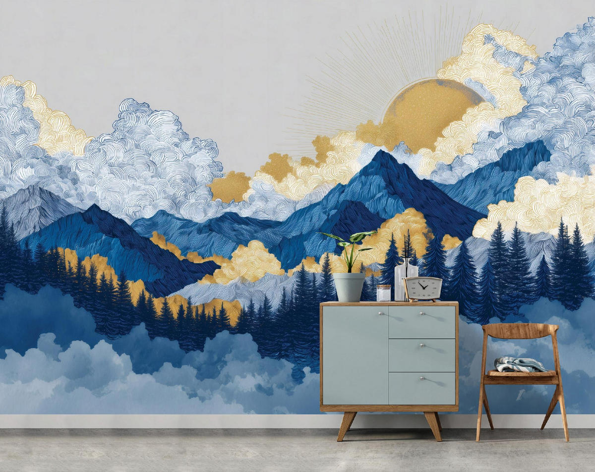 FOTOTAPETE Gebirge Aquarell Blau 400x280 cm - Multicolor, Papier (400/280cm) - Wallarena