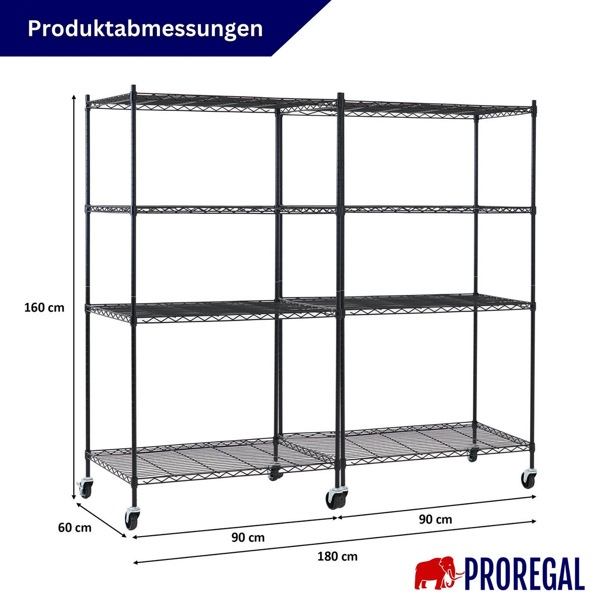 GITTERREGAL 2er - Set HADES mit Rollen & 4 Gitterböden Metall 160x90x60cm Schwarz - Schwarz, Metall (90/160/60cm) - PROREGAL