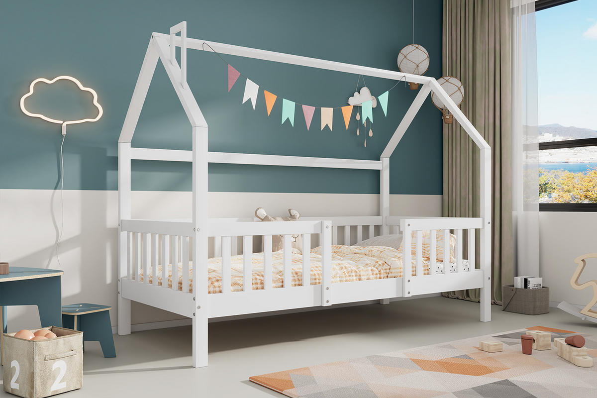 KINDERBETT 90/200 cm in Weiß Hausbett aus Kiefernholz mit Dach und Zaun - Weiß, Holzwerkstoff (90/200cm) - STILVORA