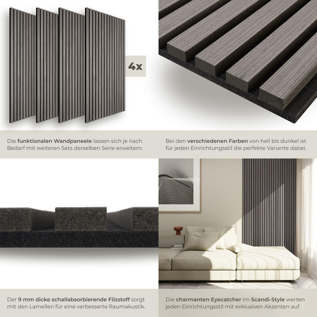 AKUSTIKPANEELE 4er Set Sonic Wall,je 60 x 120 x 2,1 cm, Größe flexibel anpassbar,Eiche hellgrau - Eichefarben/Hellgrau, Holz (60/2.1/120cm) - tectake