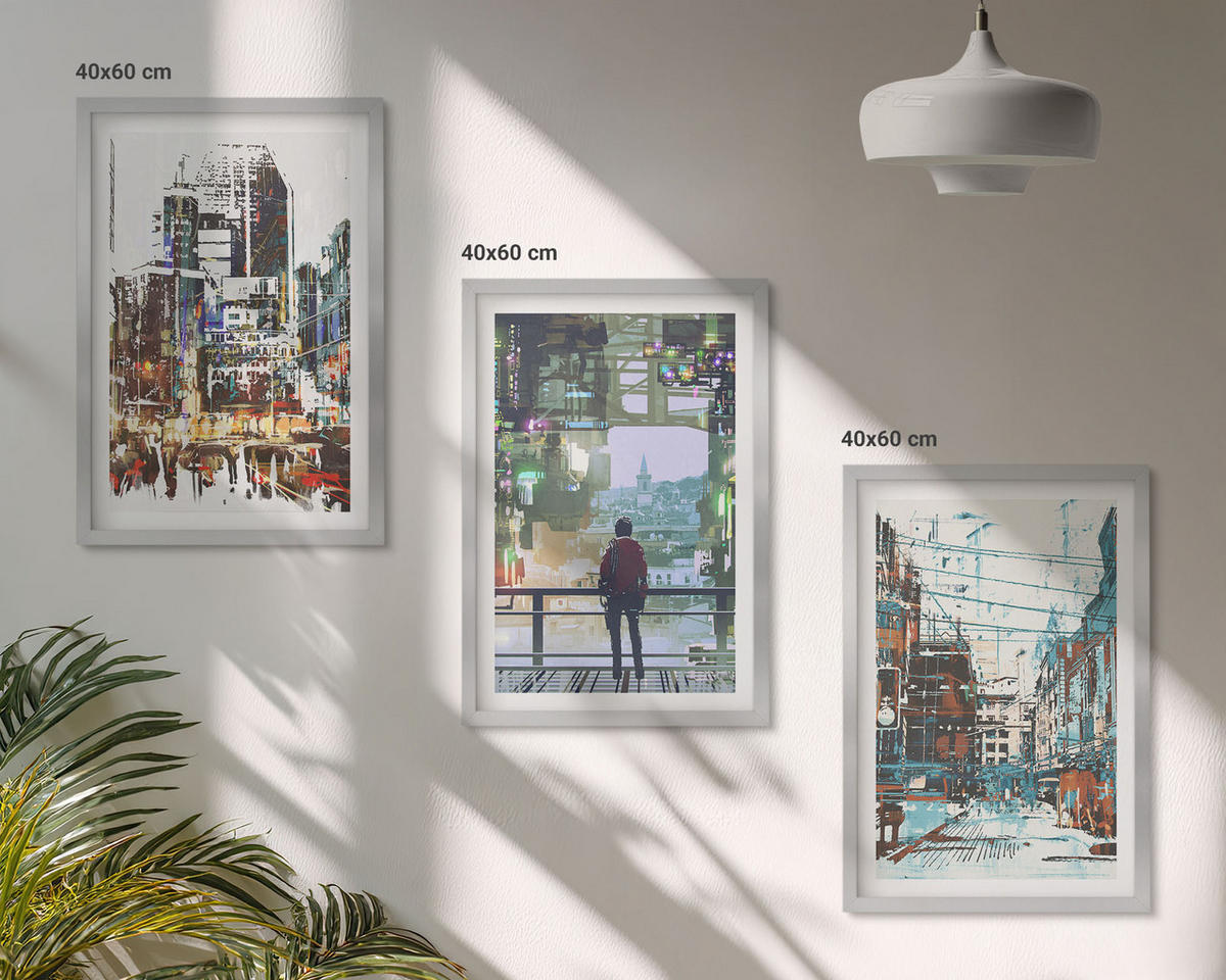WANDBILDER 3er Set - 40x60 cm Silberner Rahmen - Moderne Städte, bunte Charaktere - Silberfarben, Kunststoff (40/60cm) - ArtPrintCave
